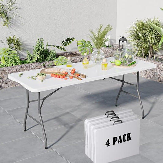 Folding Table 6FT, No Assembly Required Outdoor Picnic Table Thickened HDPE Panel, Office Foldable Table with Handle & Lock for Parties Wedding Camping (White, 4 Pack)