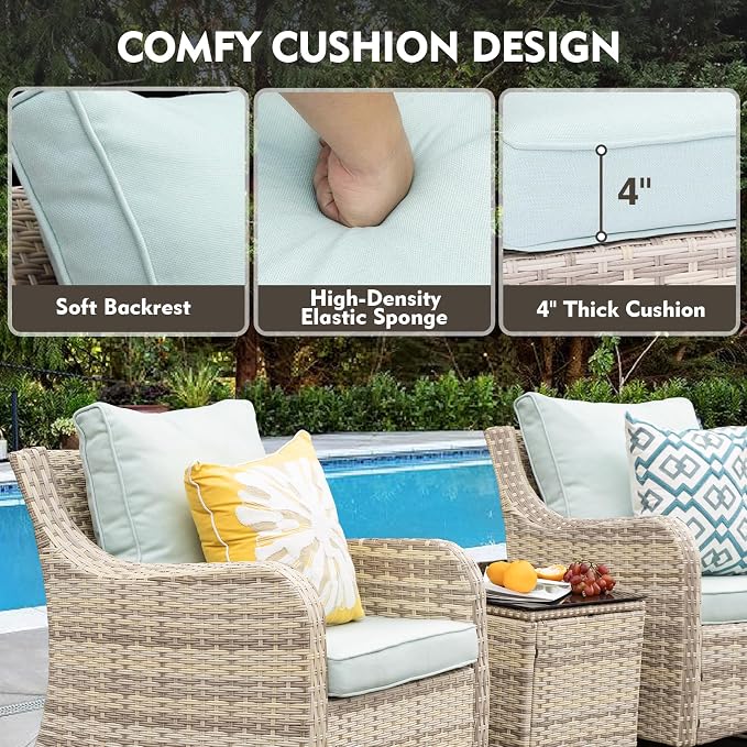 MEISSALIVVE 7 Pieces Patio Furniture Set with Swivel Chair, Wicker Patio Sofa, Rattan Conversation Set with Three-seat Sofa, 2 Ottomans and Loveseat for Lawn Backyard (Blue)