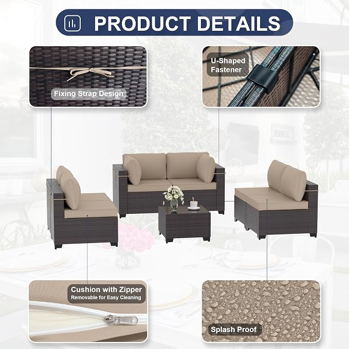 Kurapika 7 Pieces Patio Furniture Set, Rattan Wicker Outdoor Conversation Sets w/4 Inch Cushion and Glass Coffee Table(Sand)