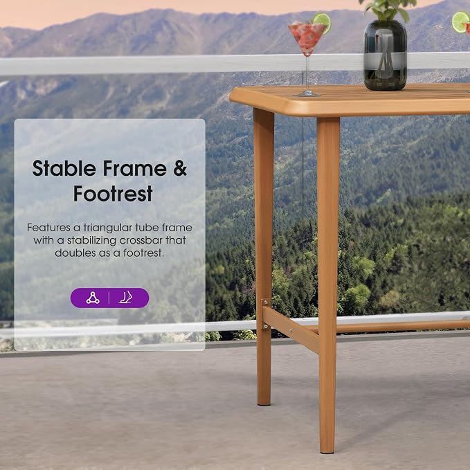 PURPLE LEAF Bar Height Table Patio Retangular Table Dining Coffee Kitchen Breakfast Bistro Outdoor Pub Bar Table for Garden Balcony, Teak