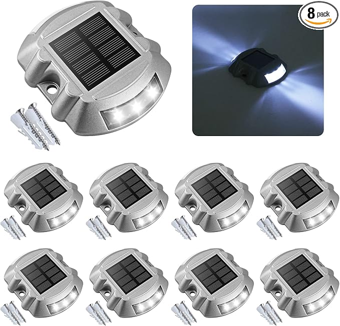 VOLISUN Solar Deck Driveway Dock Lights,Solar Pathway Lights,White 8 Pack | Solar Powered LED, IP68 Waterproof Led Outdoor Warning Step Marine Lights for Sidewalk Garden Yard