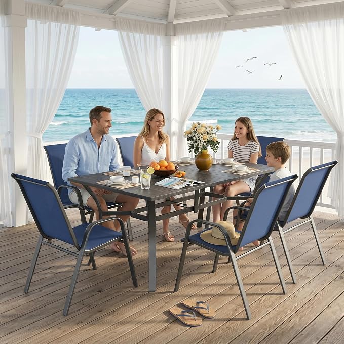 KEIKI 7-Piece Outdoor Patio Dining Set, Waterproof Patio Table and Chairs for 6, 63" x 38" Rectangular Metal Table with Umbrella Hole for Lawn Garden Backyard, Black+Navy Blue