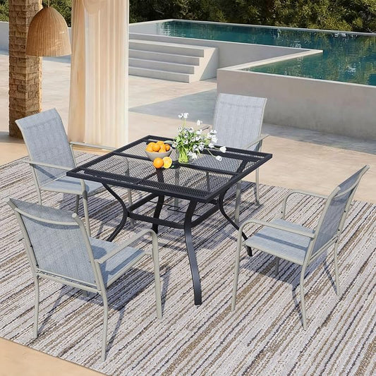 5 Piece Outdoor Dining Set, Patio Table and Chairs Set of 4, 37.5" Black Square Patio Table with 4 Beige Blue Stackable Patio Chairs for Lawn, Garden, Porch