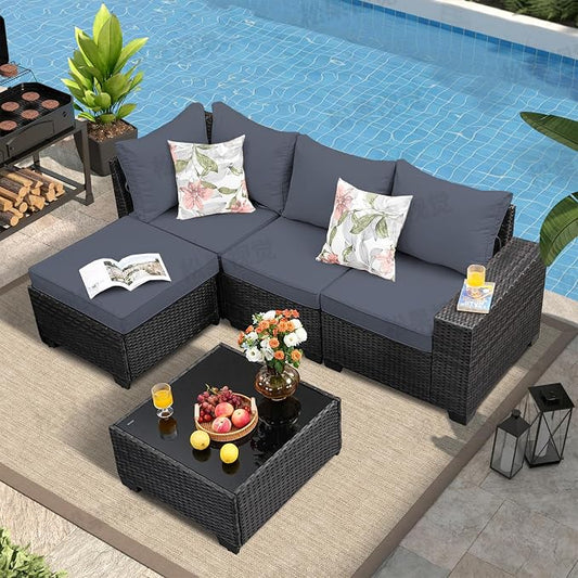 5 Pieces Patio Furniture Set, Wicker Outdoor Conversation Sets with Tea Table, Rattan Patio Sofa with Thick Cushions for Garden, Backyard Porch, Poolside, Party, Gray