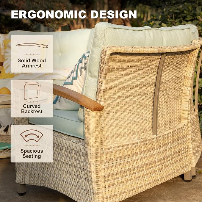 MEISSALIVVE 11-Piece Half-Moon Curved Outdoor Patio Furniture Set, Sectional Conversation Sofa with Wood Armrests, Coffee & Side Tables for Backyard Deck Garden, Blue