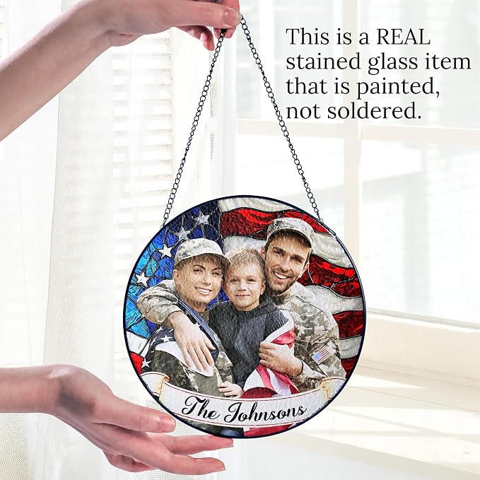 Personalized 4th of July Stained Glass Window Hanging Suncatcher, Custom Military Family - 4th of July Patriotic Family Photo Window Decor, Memorial Keepsake Gift (4th of July)