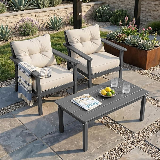 2 Seat HDPE Patio Conversation Set with Coffee Table, Outdoor Chairs Set | Water-Resistant Thick Cushion, HDPE All Weather, Wood-Grain, No Rot or Rust or Crack, UV Fade Shield, Easy-Clean for Outside