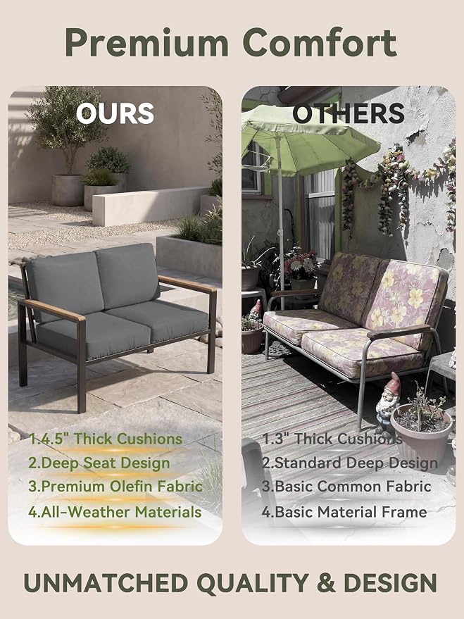 4-Piece Patio Furniture Set with Coffee Table & Removable Washable Cushions, All-Weather Metal Frame and Wood-Like Armrests for Porch, Garden, Balcony,Black