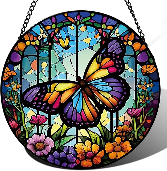 Colorful Butterfly Suncatcher -7.9 in Stained Glass Window Hanging Sun Catcher Garden Decor