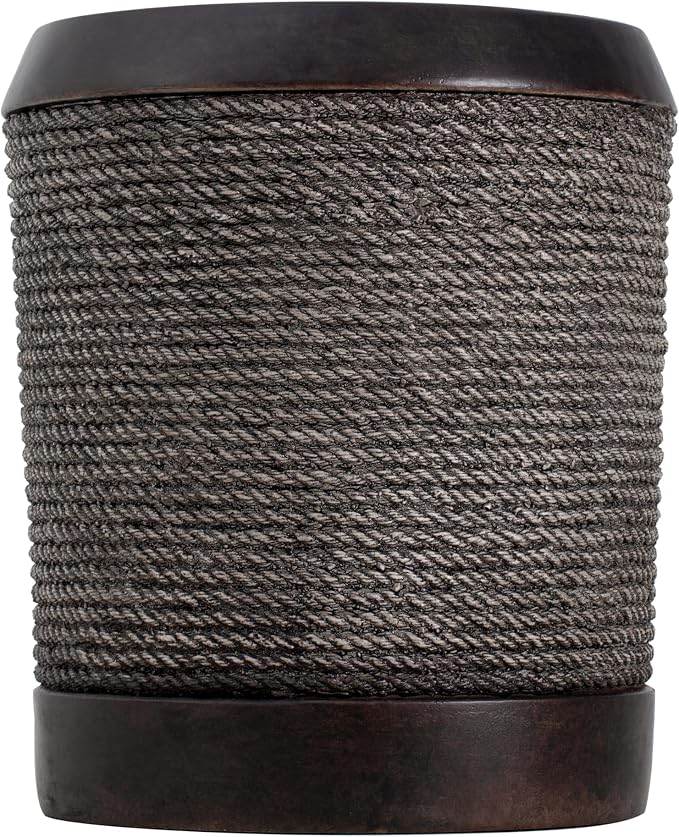IRONORA Dark Rope-Wrapped Cylindrical Outdoor Side Table, Round Accent Table with Metal Top, Rustic Patio End Table for Backyard Garden Balcony