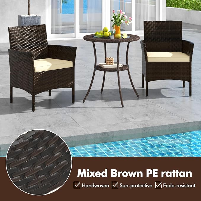 25.5" Round Patio Bistro Table w/Storage Shelf, PE Wicker Coffee Table w/Tempered Glass Top and Metal Legs, Outdoor Side Table for Garden, Balcony, Porch, Backyard