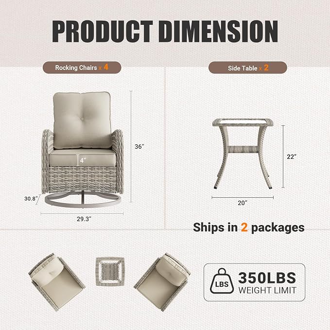 6-Piece Patio Rocking Swivel Chair Outdoor Wicker Rattan Bistro Set with Tempered Glass Side Table, Outdoor Patio Furniture Set for Garden, Deck, and Balcony, White