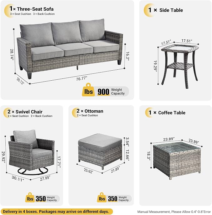 ovios 7 Pieces Patio Furniture Set, Outdoor Wicker Sofa with Rocking Swivel Chairs, Coffee Table, High Back Grey Rattan Conversation Set for Backyard Deck Porch, Dark Grey