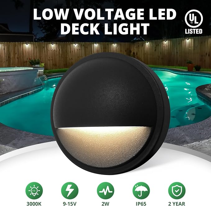 6-Pack Low Voltage LED Deck Lights, Landscape Stair Railing Light Fixture, 2W 3000K Integrated LED Chips, Die-cast Aluminum 12V AC/DC Accent Lighting with Black Powder Coated Finish, UL-Listed