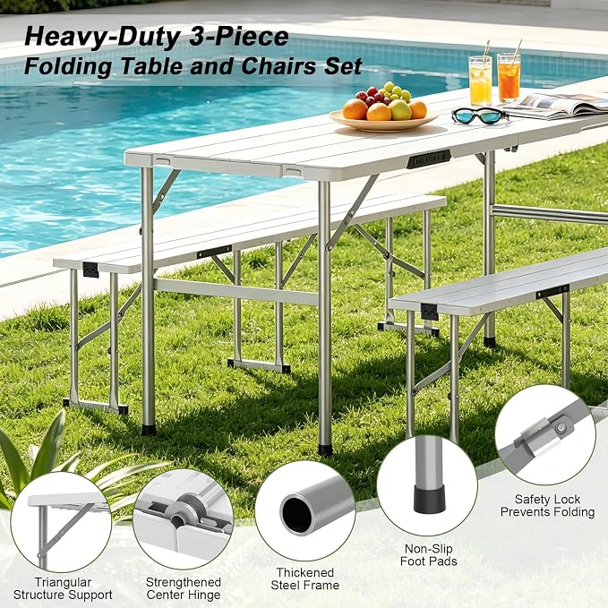Picnic Table and Chairs Set, 6 Feet Foldable Camping Table with 2 Benches, 3-Piece Portable Folding Furniture with Wood Grain for Patio, Weddings, Party or School Use, White