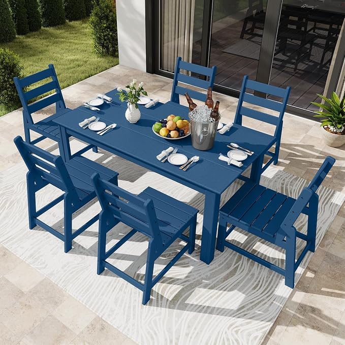 GREENVINES 7 Piece HDPE Outdoor Patio Dining Set, Table and 6 Chairs, Blue