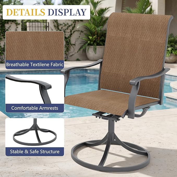 Anmutig 5 Piece Outdoor Patio Dining Set with 4 Swivel Dining Chairs & 1 Round Glass Dining Table, All Weather Dining Furniture Set for Lawn Garden Brown