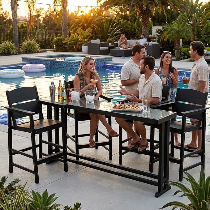 HDPE Outdoor Bar Height Chairs Set of 6, 28.5" Seat All-Weather High Top Patio Stools with Backrest, Heavy Duty Patio Bar Stools with Arms, High Top Outdoor Chairs for Deck/Party/Pool, Black