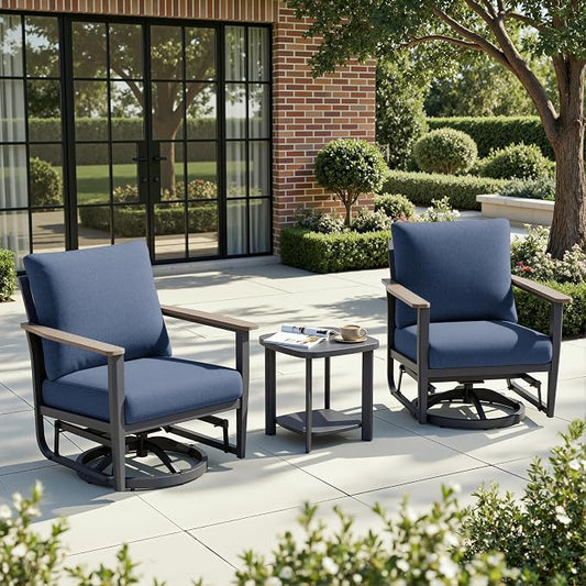 3-Piece Patio Rocking Swivel Chair Outdoor Aluminum Bistro Set with Coffee Table, Outdoor Patio Furniture Set with High Backrest & Thickened Cushions for Garden, Deck and Balcony, Navy Blue
