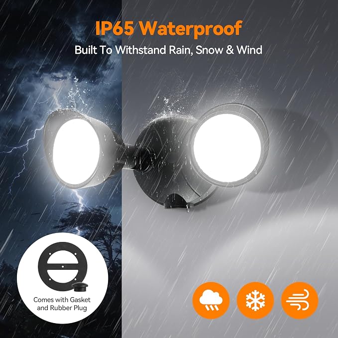 45W 5500LM Outdoor Flood Lights, Dual Head Wall Switch Controlled LED Exterior Flood Light, 5000K Daylight, IP65 Waterproof Hardwired Security Light for Outside Garage Yard (Black)