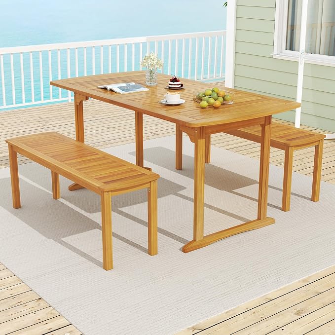 Tangkula 63-Inch Acacia Wood Outdoor Dining Table, 4-6 People Large Patio Table with Umbrella Hole & Slatted Tabletop, Rectangular Outside Table for Backyard, Garden, Porch, Deck