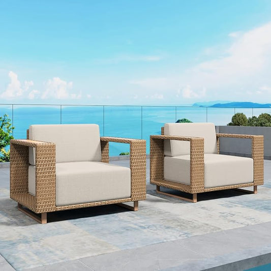 SUNSHINE VALLEY 2 Pieces Patio Furniture Set, Outdoor Rattan Wicker Armchairs with 10''Ultra-Thick Cushions,All Weather Patio Conversation Set, Low Profile Lawn Garden Backyard Chairs