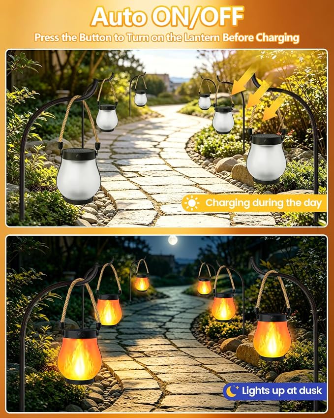 4 Pack Solar Lanterns Outdoor Waterproof, Solar Flame Lanterns with 2 Modes | Ultra-Real Flame, USB/Solar Charging, IP65 Waterproof, Hanging/Table Solar Lights Outdoor for Tree Garden Porch Yard Patio