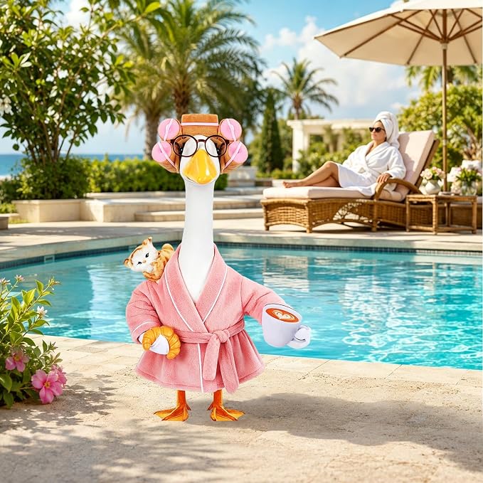 GJL Lady Porch Goose Outfits Bathrobe for 23 Inch Plastic Cement Lawn Goose Statue,Porch Goose Robe Costume with Curlers Glasses Coffee Cup Bread Cute Cat for Spring Summer Yard Garden Patio Decor