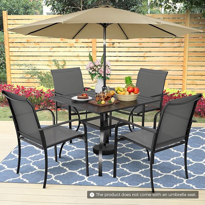 5-Piece Patio Dining Set with Umbrella,4 Person Outdoor Table and Chairs Set, 4 Metal Dining Chairs and Square Outdoor Table with 1.57" Umbrella Hole,Grey