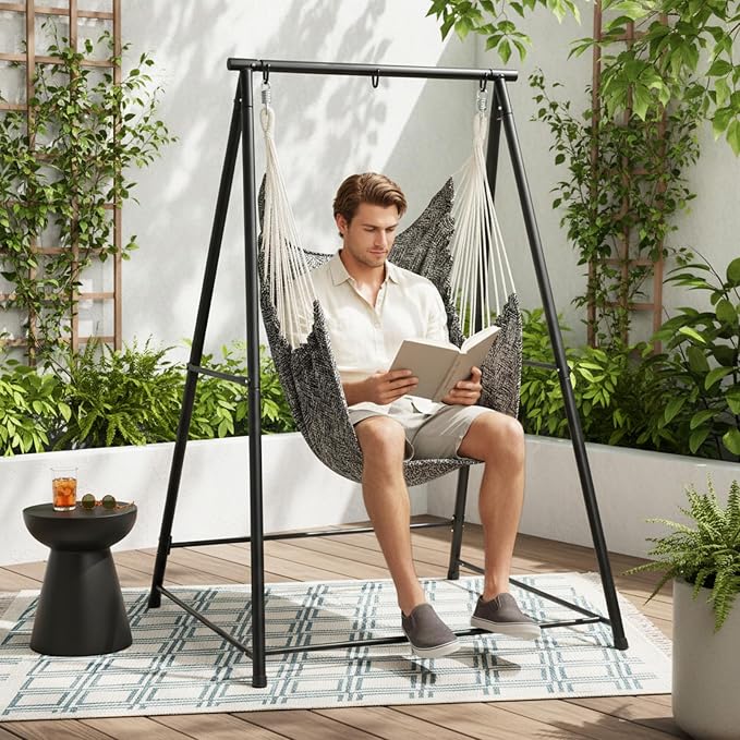 Hammock Chair Stand with Swing Chair, Heavy Duty Freestanding Hanging Chairs with Stand, Outdoor Hammocks Bed for Outside Backyard, Camping, Garden, Yard, Patio, 660 lbs Weight Capacity (Black)