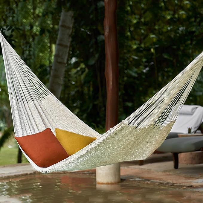 NOVICA Natural Beige Off White Hand Woven Cotton Mayan 1 Person Rope Hammock with Hanging Accessories, 'Caribbean Beach' (Single)