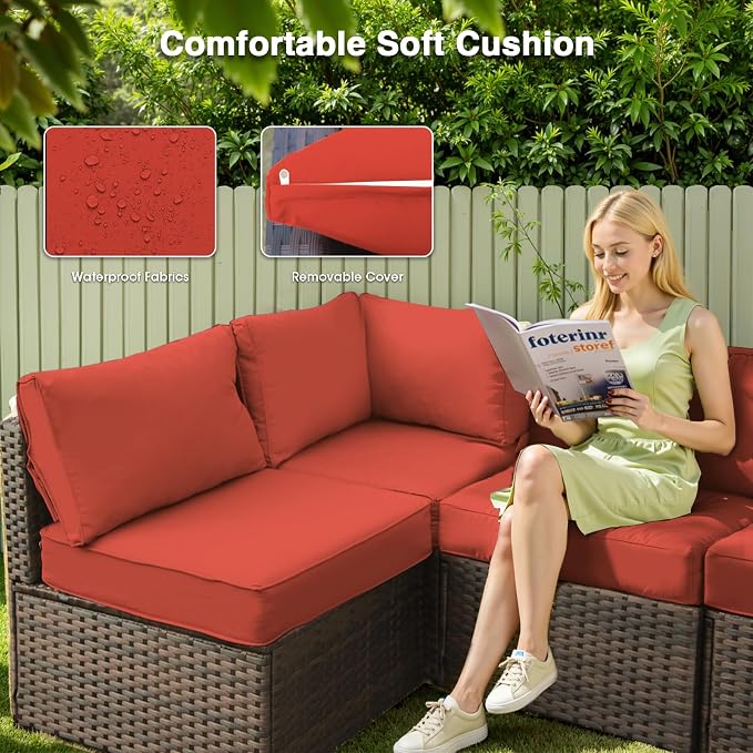 12 Piece Patio Furniture Set with Fire Pit Table All Weather PE Rattan Outdoor Sectional Sofa Couch with No-Slip Cushions and Glass Top Table for Garden, Poolside, Backyard (Red)