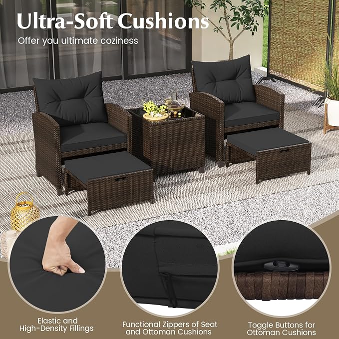 COSTWAY 5-Piece Rattan Conversation Set, Outdoor Wicker Sofa, Tempered Glass Coffee Table & Ottomans for Small Space, Boho Chic Indoor/Outdoor Furniture Set for Poolside, Backyard, Deck (Black)