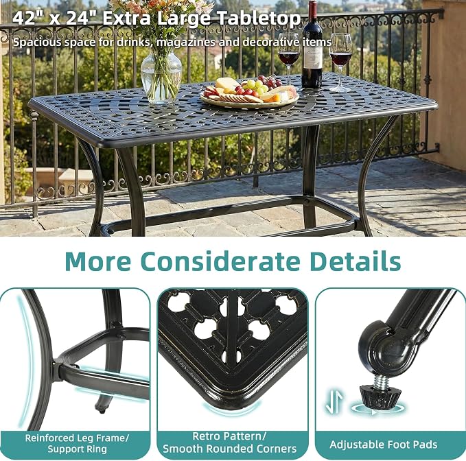 MEETWARM Outdoor Bar Table, All-Weather Cast Aluminum 42" Rectangle Patio Bar Counter Height Table, High Top Dining Table with Adjustable Feet, 200 LBS Heavy Duty Patio Bistro Pub Table, Dark Bronze