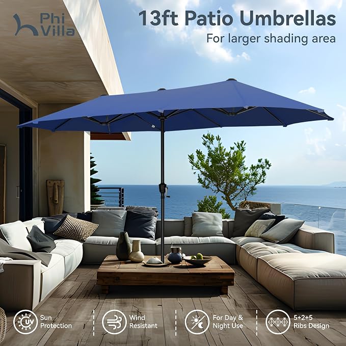 PHI VILLA 8 PCS Patio Dining Set with 13ft Large Patio Umbrella(Haze Blue), 6 Outdoor Swivel Chairs & 1 Rectangle Metal Table for 6 Person, Patio Dining Fruniture Set for Deck Garden(No Umbrella Base)