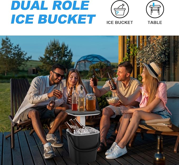 Outdoor Cooler Side Table, Drink Cooler Bar, Portable Ice Bucket, Lift Top Lid Beer and Wine Cool with Handle, Pop Up Patio Table (Black)