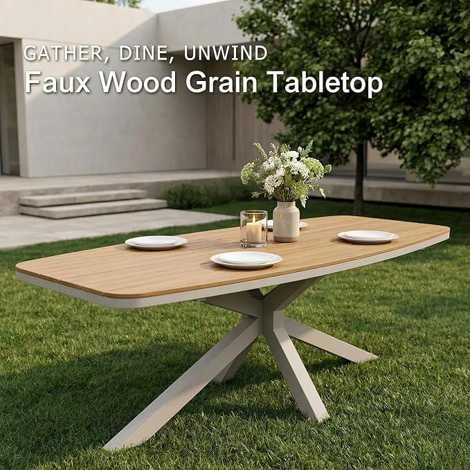 SUNSITT 7 Piece Outdoor Patio Dining Set, Patio Dining Furniture Set with 87” Aluminum Dining Table w/X Base Legs and 6 Woven Wicker Outdoor Patio Chairs w/Curved Armrest for Garden, Beige