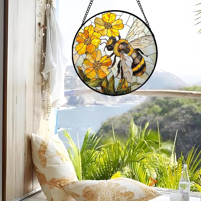 Stained Glass Window Hanging - Yellow Bees Gathering Flowers Sun Catcher for Door Garden Home Decor Cute Suncatcher Christmas Mother's Day Birthday Gifts for Women Men Mom Nana 7.8 in