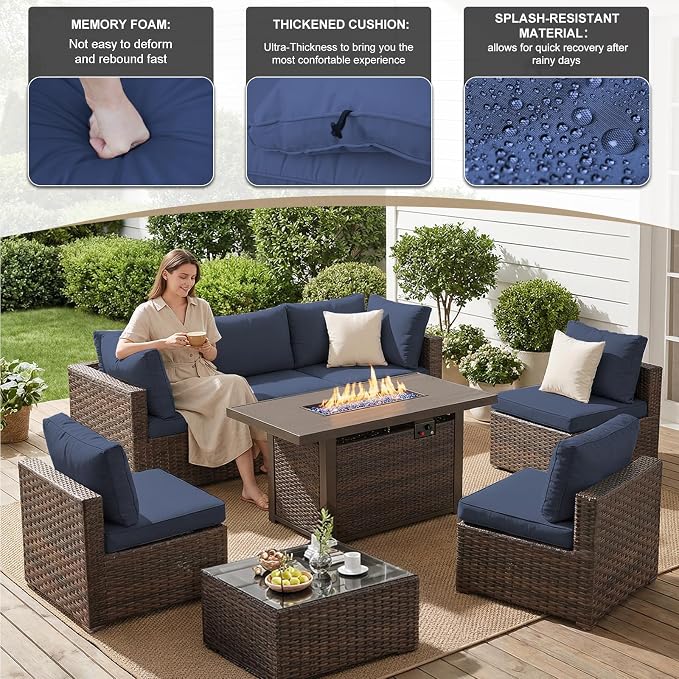 8 Pieces Patio Furniture Sets Outdoor Sectional Sofa with 44'' Propane Rattan Wicker Firepit Table, Patio Sectional Conversation Set with Cushions for Backyard, Poolside, Garden Blue