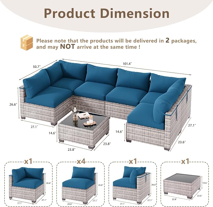 LOUVIXA 7 Piece Outdoor Patio Furniture Set, Outdoor Sectional Sofa, Wicker Rattan Patio Furniture, Patio Conversation Set with Coffee Table & Cushions