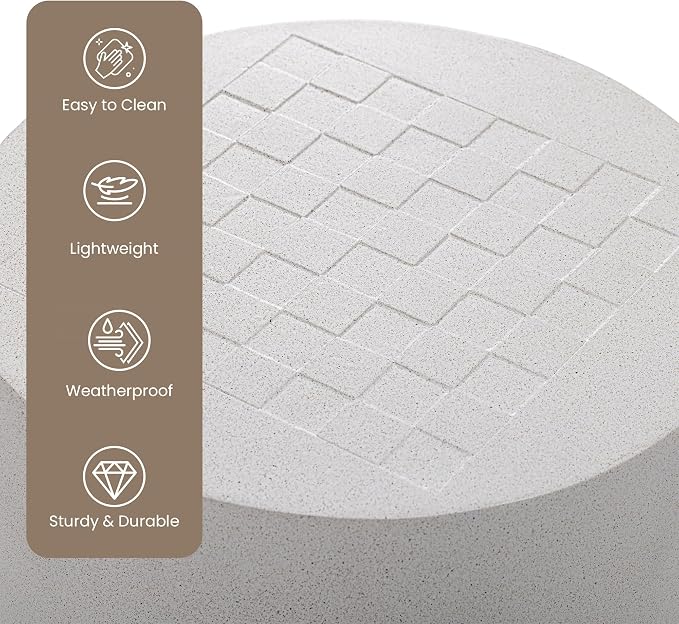 HOMPUS Outdoor Side Table with Checkeboard Grain Tabletop, Round Shaped MgO Lightweight Concrete End Tables, Modern Vintage Patio Accent Table for Indoor Outdoor Use, Spotted White