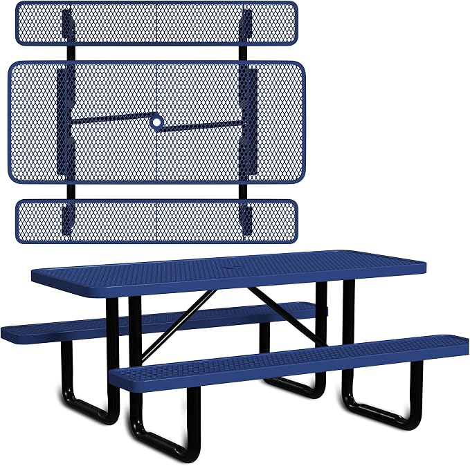 Leisure Craft Metal Picnic Table with Bench - 6 ft Rectangle Outdoor Dining Table for 6, Umbrella Hole, Weatherproof Heavy Duty Thermoplastic Coating, Commercial Grade Furniture Made in USA - Navy