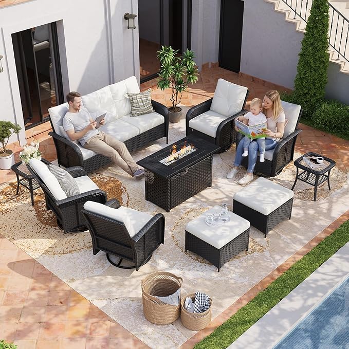Aoxun 10-Piece Patio Furniture Set with 44'' Fire Pit Table, Luxury Outdoor Patio Furniture Set with 360° Swivel Chairs, Patio Conversation Set for Backyard, Poolside & Garden, Black/Beige