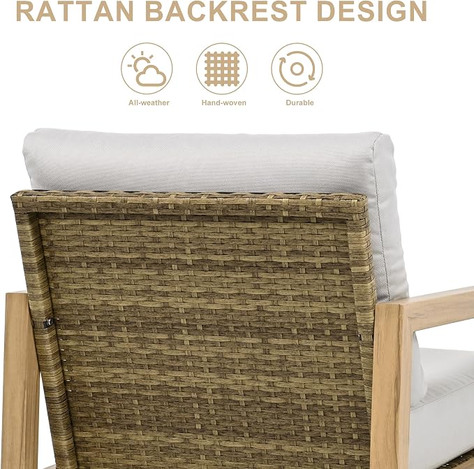 HAPPATIO 3-Piece Patio Swivel Chair - 2 Aluminum Outdoor Bistro Set with Wicker Backrest and Woodgrain-Textured Side Table, Rustic Outdoor Conversation Set with Cushions for Garden Balcony Deck Porch