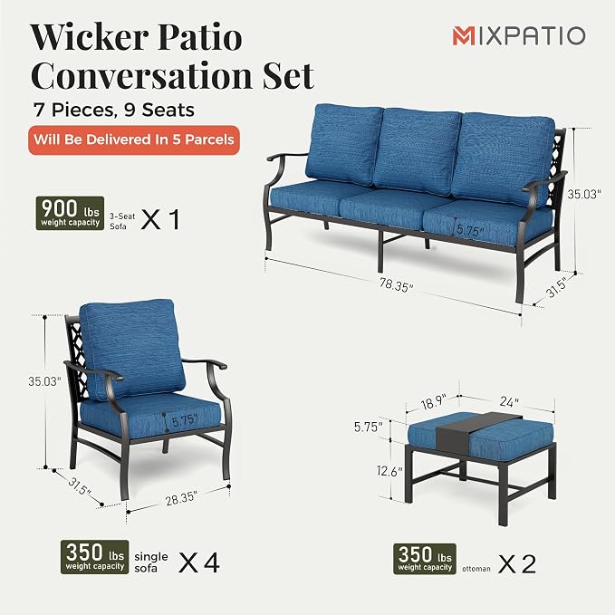 MIXPATIO Patio Furniture Set 7 pcs, Outdoor Patio Furniture, 3-Seat Sofa, 4 Single Chairs, 2 Ottomans and 5.75" Extra Thick Cushion, Conversation Set for Backyard Deck,Gemstone Blue