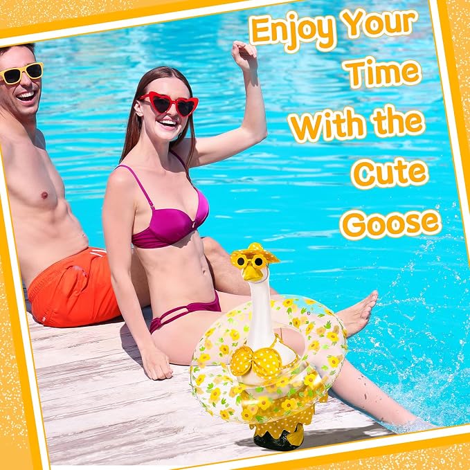 23 Inch Summer Porch Goose Outfit for Cement Goose Statue, Yellow | Summer Hawaiian Style, Bow, Sunglasses, Hat & Swim Ring, Fits 23 Inch Cement Goose, for Garden Patio Yard Outdoor Decor