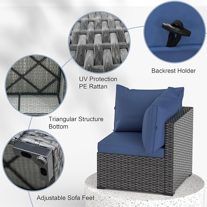 Patio Furniture Set with Fire Pit Table, 8PCS Outdoor Conversation Sets Waterproof Rattan Sectional Sofa with 4” Thickened Cushion Modular Wicker Patio Furniture Set with Glass Top Table (Blue)