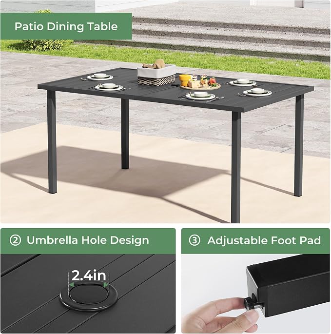 Outdoor Dining Set for 6, Patio Dining Set with Textilene Dining Chairs, Metal Dining Table with Umbrella Hole, Stackable Outdoor Chairs for Garden, Patio, Poolside and Backyard, Navy Blue