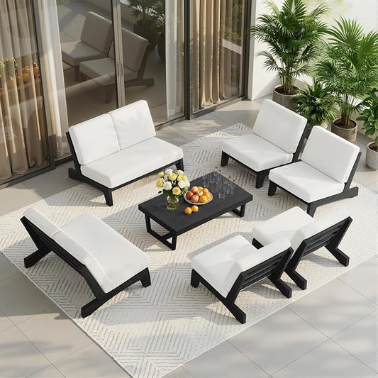 7 Pieces All Weather Black Wood Patio Furniture Sets, 2 Patio Loveseat, 4 Patio Bistro Chair, Outdoor Sectional Sofa Furniture Backyard Conversation Set with Coffee Table - Beige