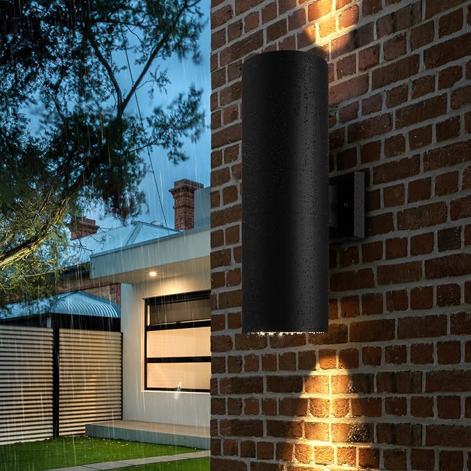 mirrea 18" Modern Outdoor Porch Light in 2 Lights, Matte Black, 2 Pack | Aluminum cylinder exterior fixtures, tempered glass cover, waterproof wall sconce & patio light for outdoor use.